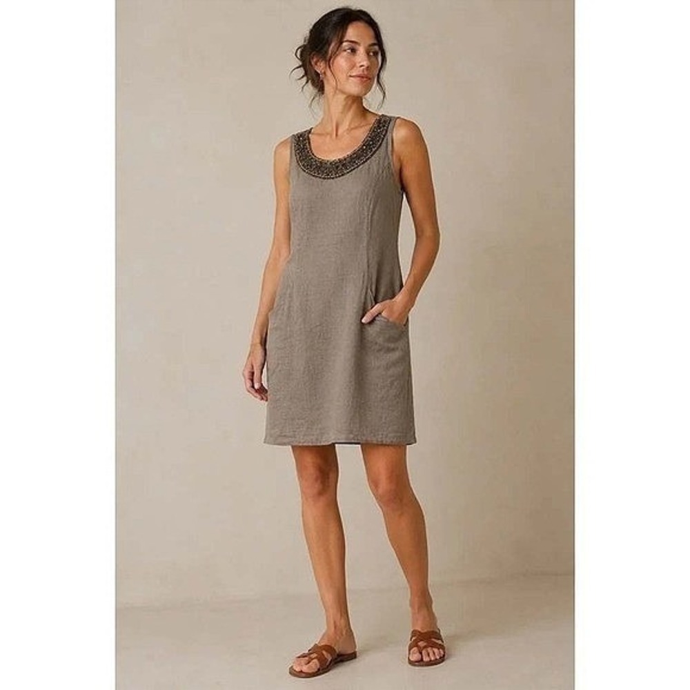 Lina Tomei 100% Linen Shift Dress M L Taupe Beaded Neck Pockets Made in Italy